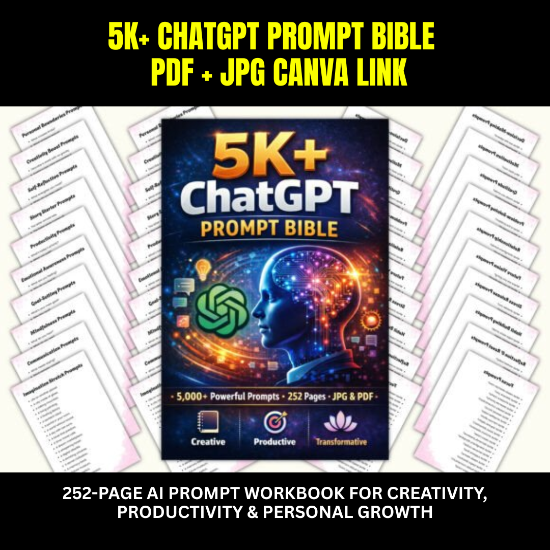 5K+ ChatGPT Prompt Bible | 252-Page AI Prompt Workbook for Creativity, Productivity & Personal Growth | PDF + JPG Canva Link