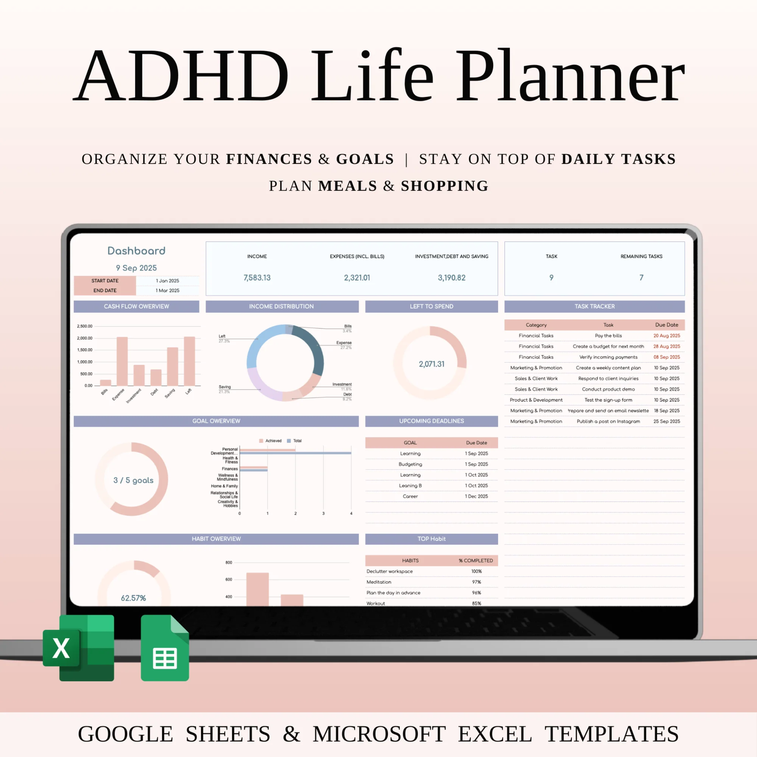 ADHD Planner Spreadsheet for Google Sheets & Excel | Habit, Task, Meal & Finance Tracker