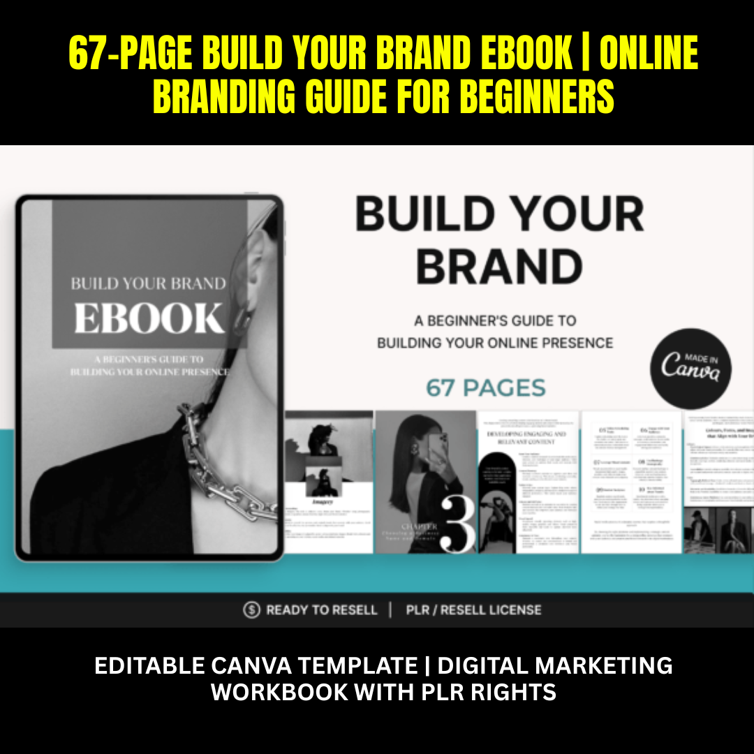 67-Page Build Your Brand eBook | Online Branding Guide for Beginners | Editable Canva Template | Digital Marketing Workbook with PLR Rights