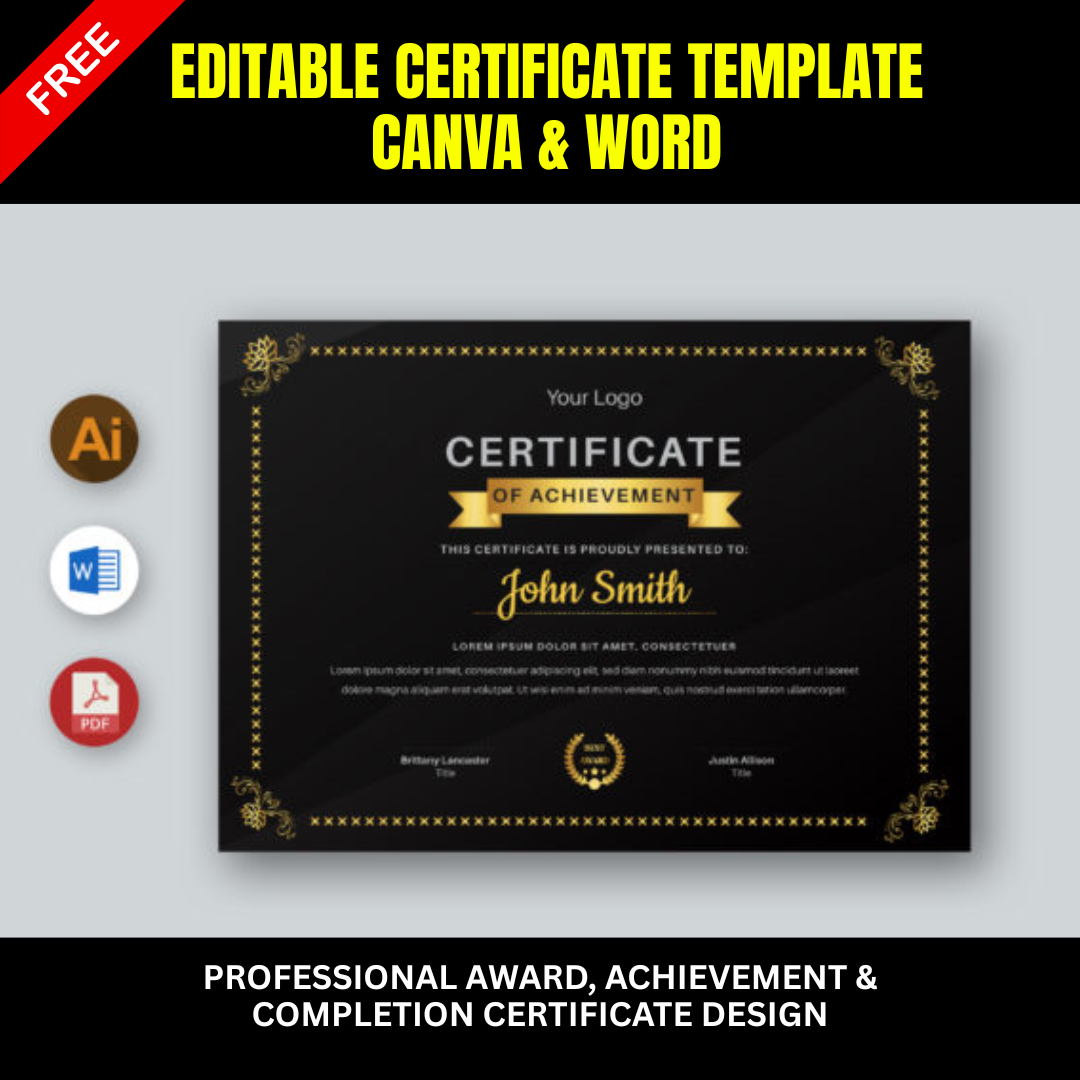 Editable Certificate Template Canva & Word | Professional Award, Achievement & Completion Certificate Design