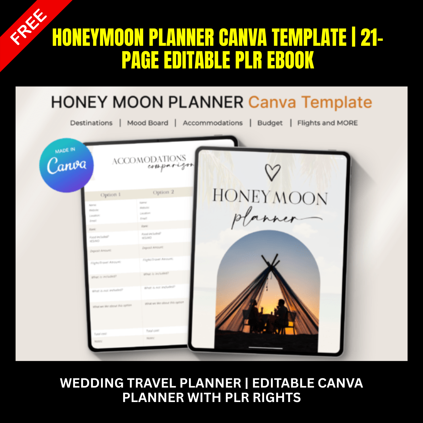 Honeymoon Planner Canva Template | 21-Page Wedding Travel Planner | Editable Canva Planner with PLR Rights