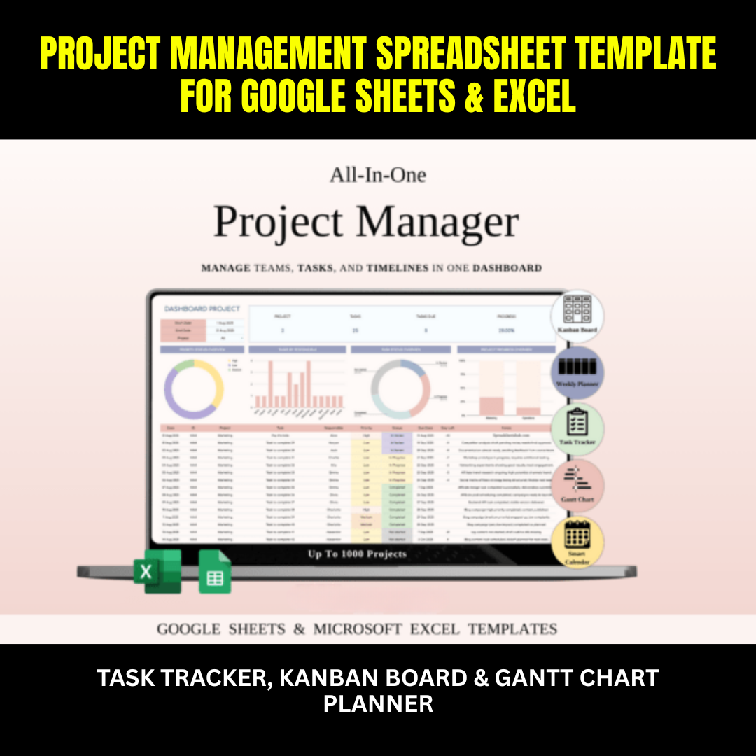Project Management Spreadsheet Template for Google Sheets & Excel | Task Tracker, Kanban Board & Gantt Chart Planner