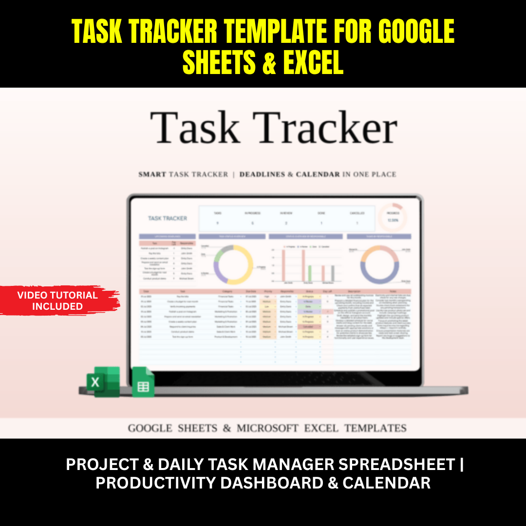 Task Tracker Template for Google Sheets & Excel | Project & Daily Task Manager Spreadsheet | Productivity Dashboard & Calendar