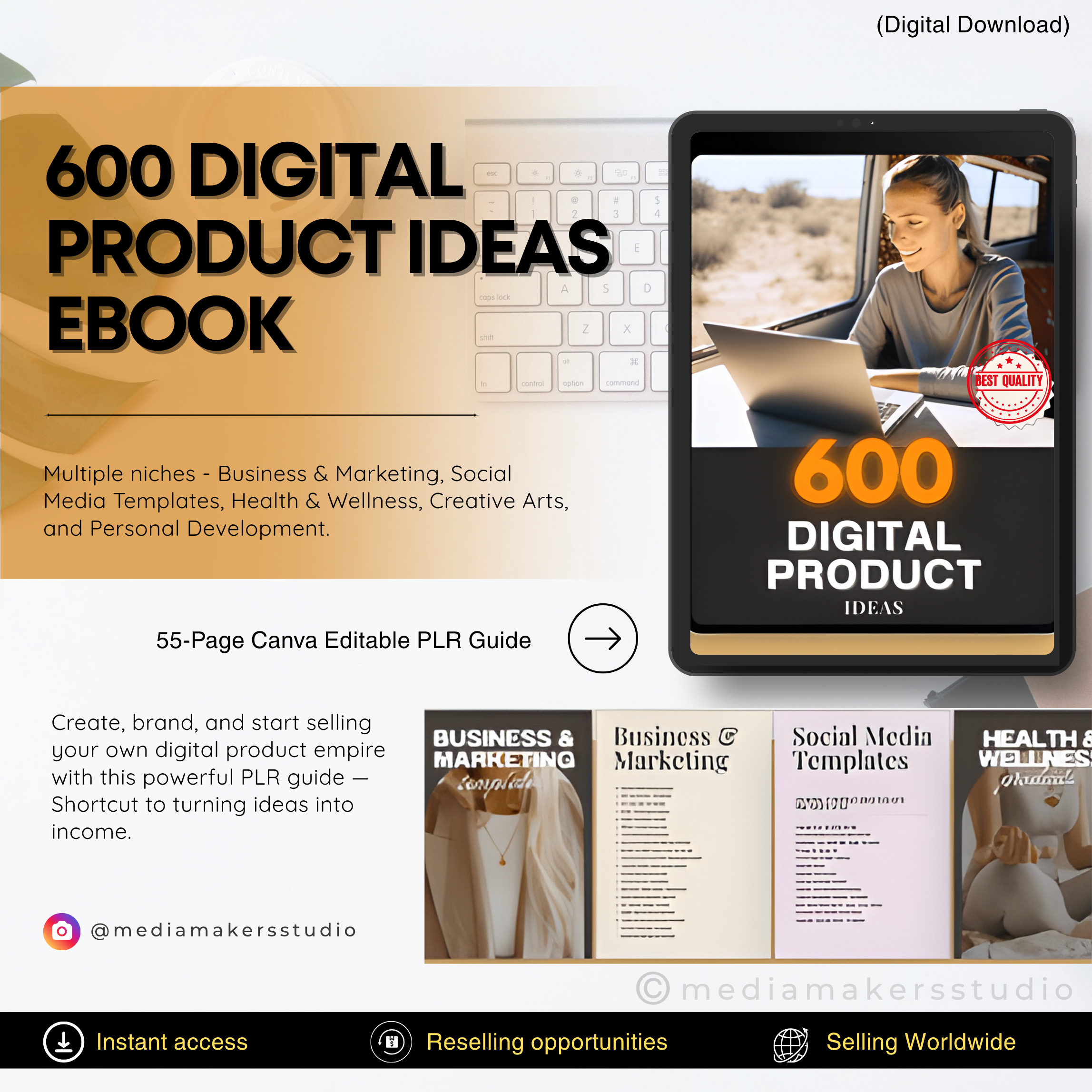 600 Digital Product Ideas eBook | 55-Page Canva Editable PLR Guide | Profitable Business, Marketing, and Creative Product Ideas | Ready to Resell