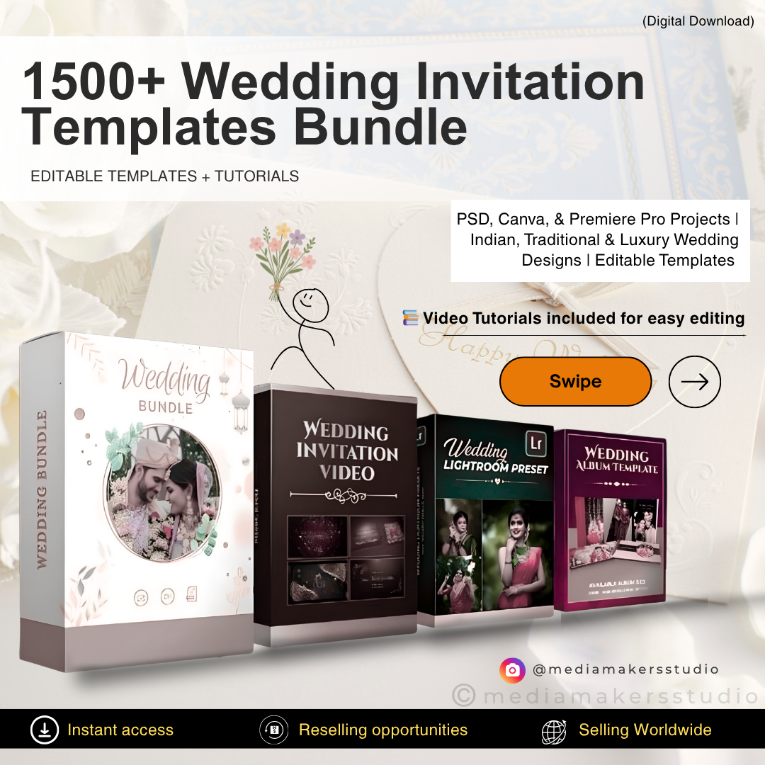 1500+ Wedding Invitation Templates Bundle 2025 | PSD, Canva, & Premiere Pro Projects | Indian, Traditional & Luxury Wedding Designs | Editable Templates + Tutorials