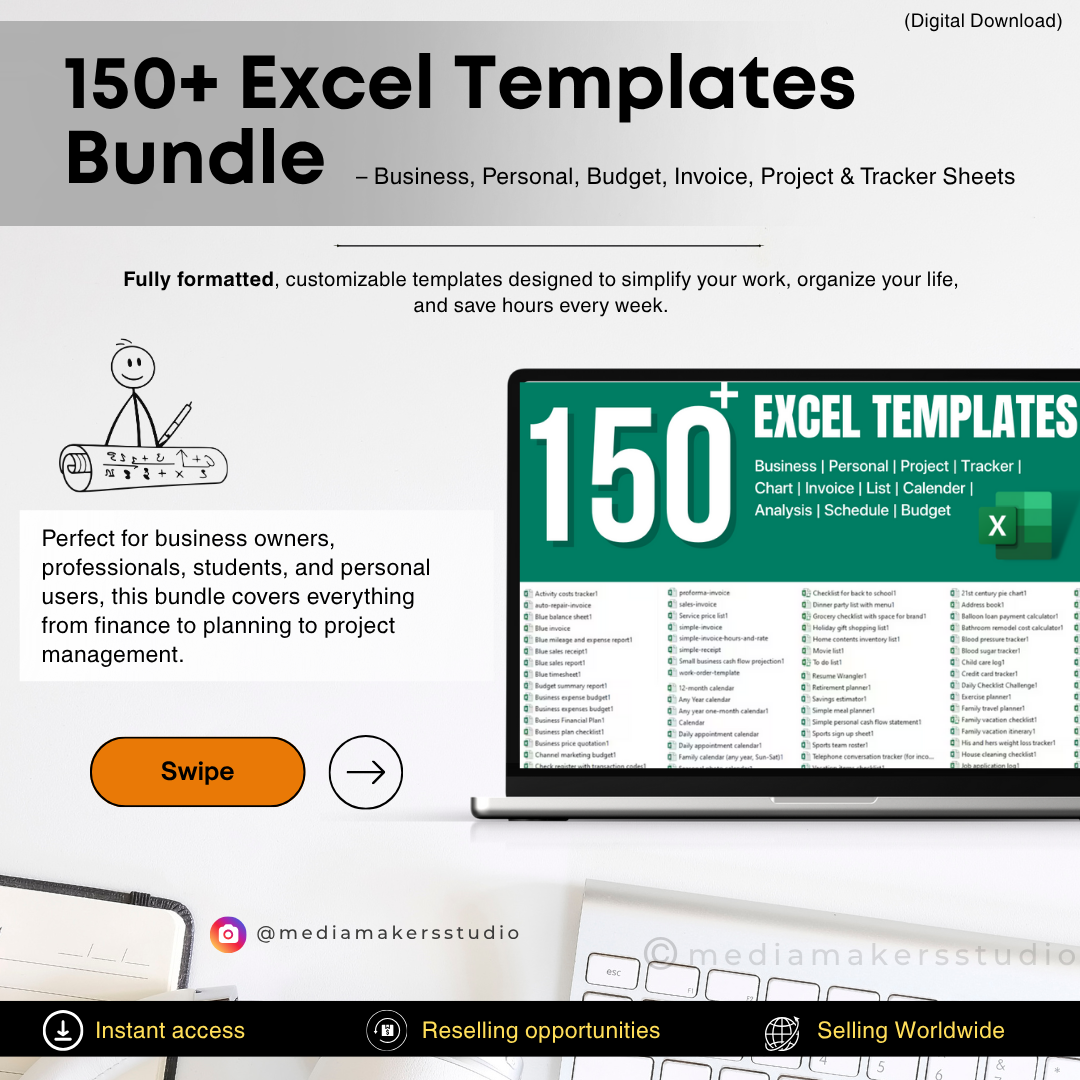 150+ Excel Templates Bundle – Business, Personal, Budget, Invoice, Project & Tracker Sheets (Digital Download)
