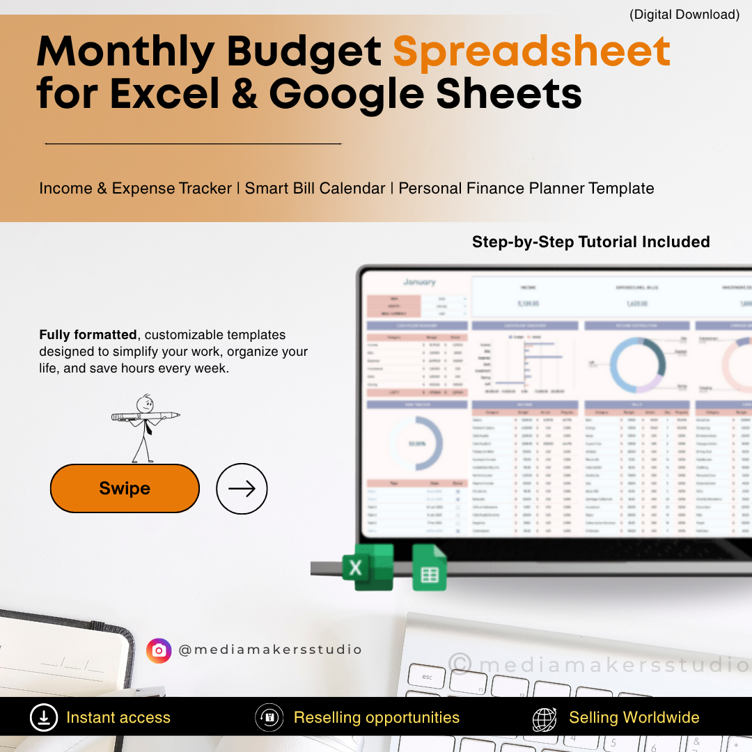 Monthly Budget Spreadsheet for Excel & Google Sheets | Income & Expense Tracker | Smart Bill Calendar | Personal Finance Planner Template