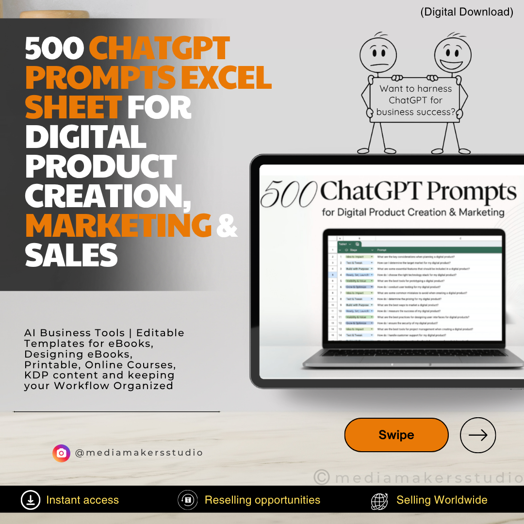 500 ChatGPT Prompts Excel Sheet for Digital Product Creation, Marketing & Sales | AI Business Tools | Editable Templates for eBooks, Printables & Online Courses