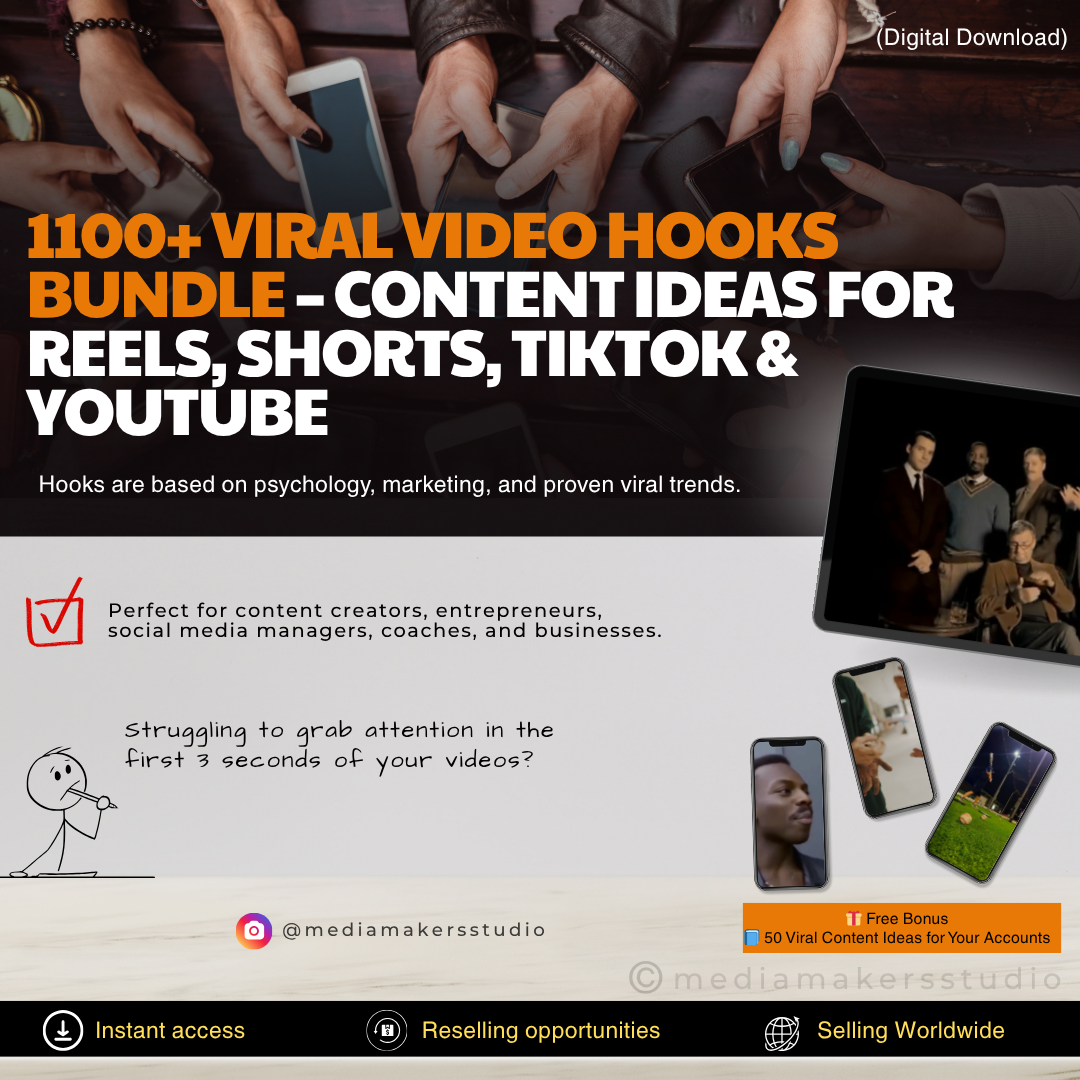 1100+ Viral Video Hooks Bundle – Content Ideas for Reels, Shorts, TikTok & YouTube (Digital Download)