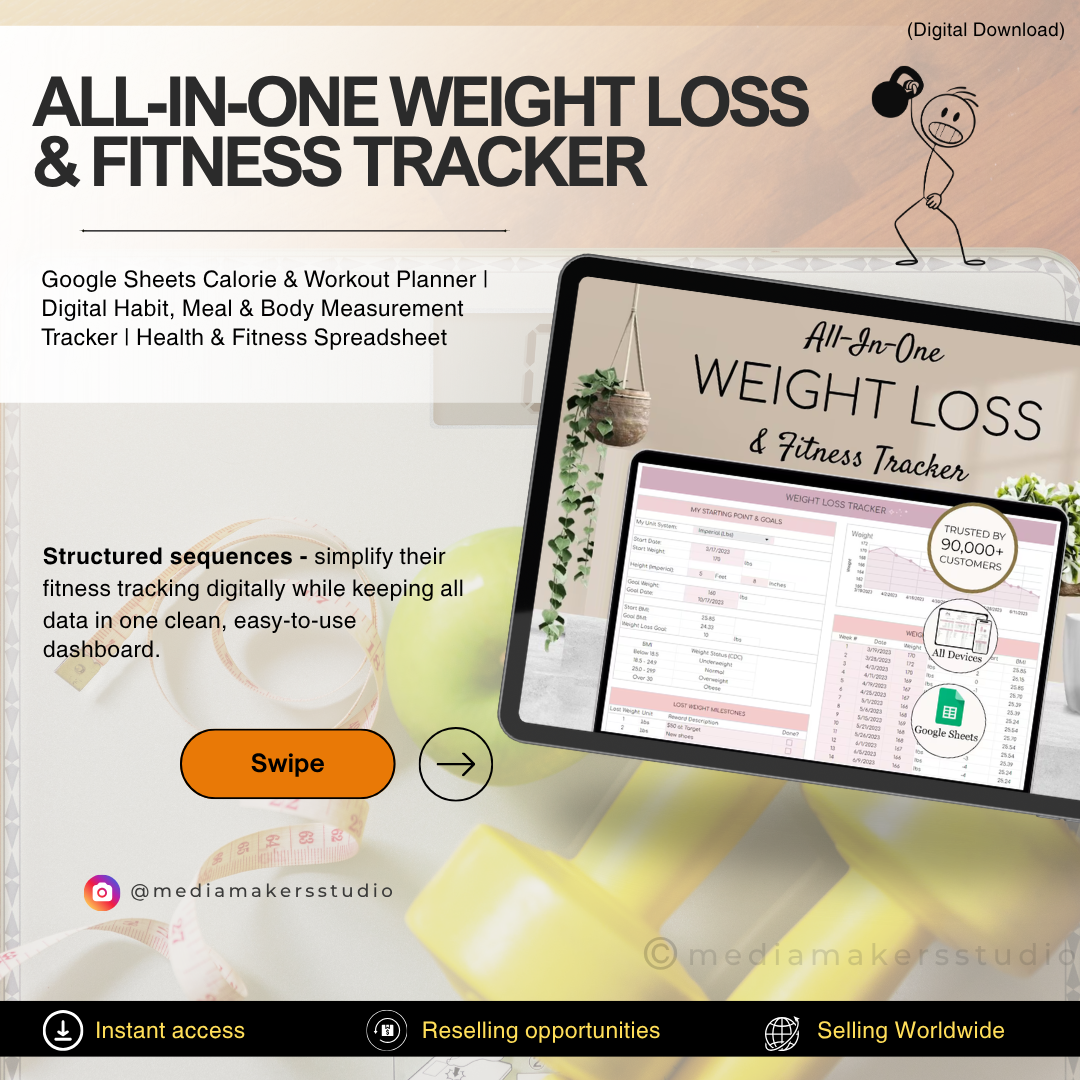 All-in-One Weight Loss & Fitness Tracker | Google Sheets Calorie & Workout Planner | Digital Habit, Meal & Body Measurement Tracker | Health & Fitness Spreadsheet