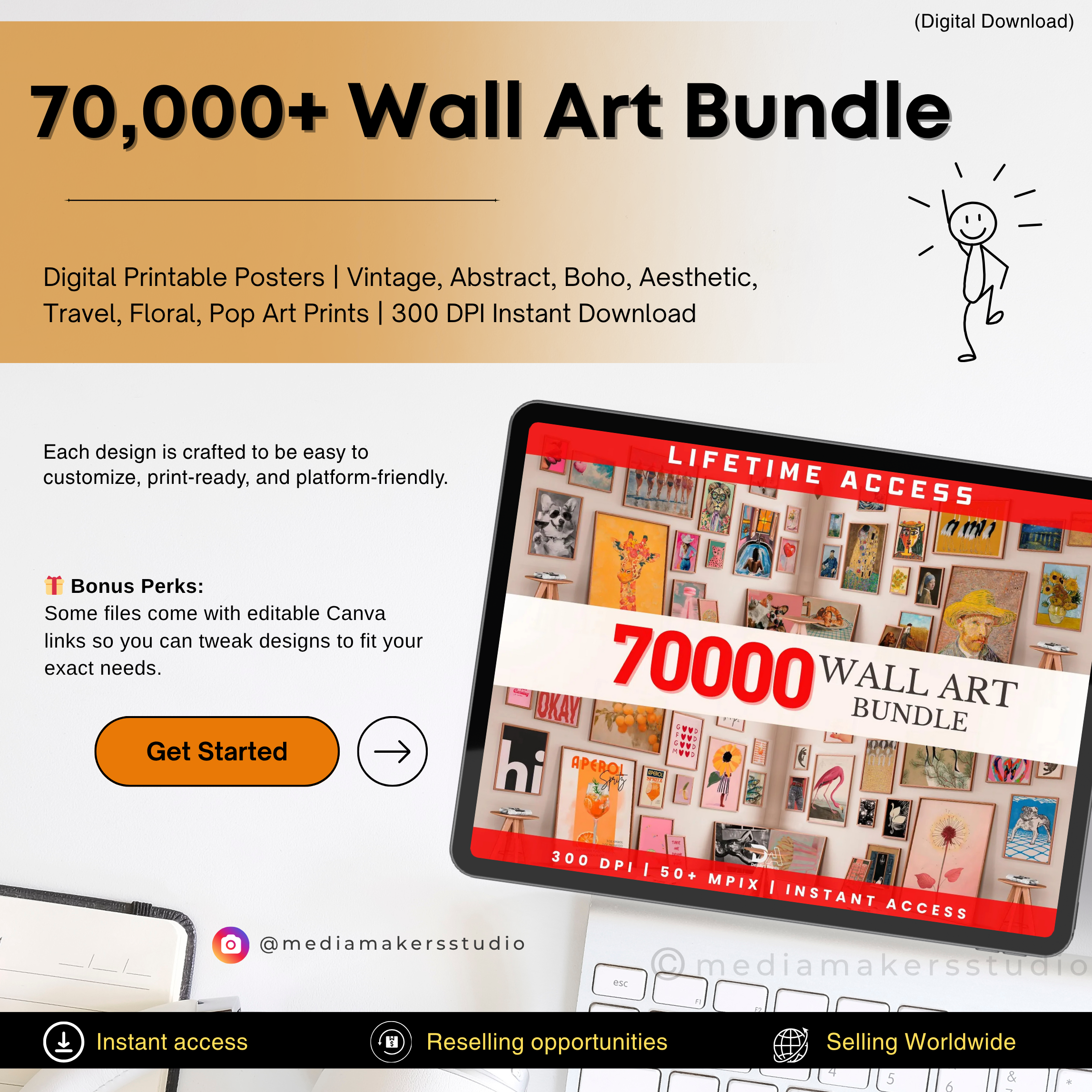 70,000+ Wall Art Bundle | Digital Printable Posters | Vintage, Abstract, Boho, Aesthetic, Travel, Floral, Pop Art Prints | 300 DPI Instant Download
