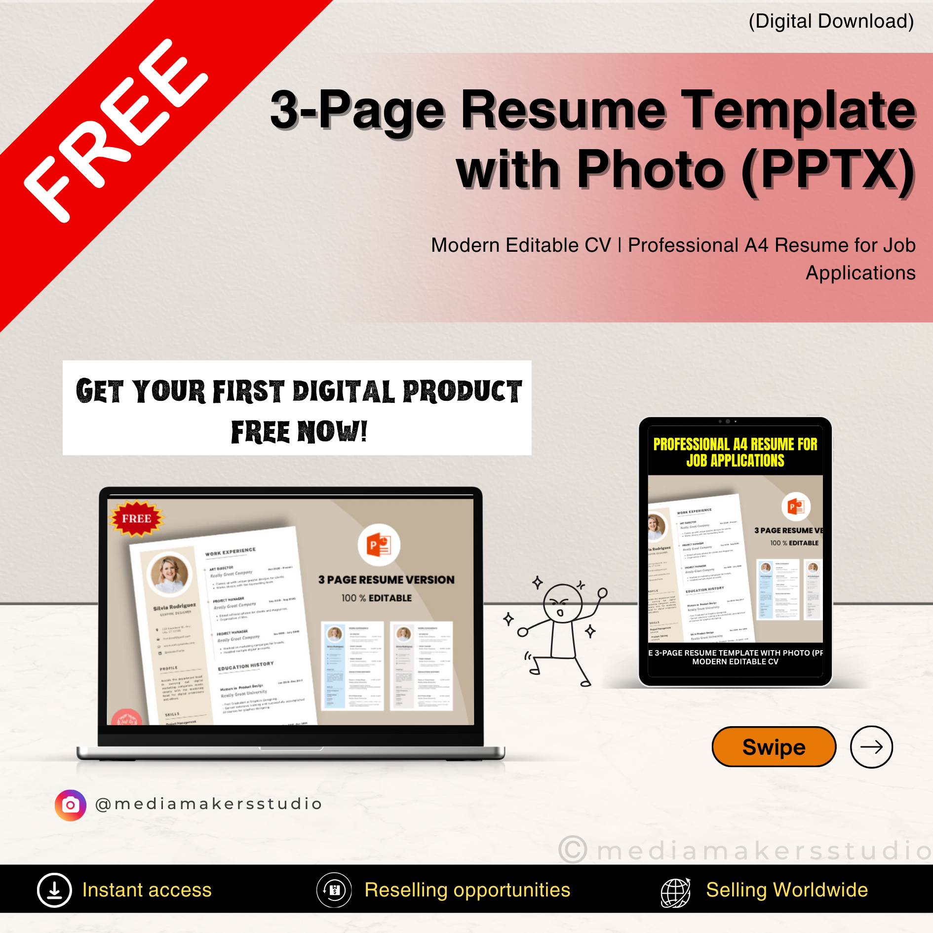 Free 3-Page Resume Template with Photo (PPTX) | Modern Editable CV | Professional A4 Resume for Job Applications | Instant Digital Download