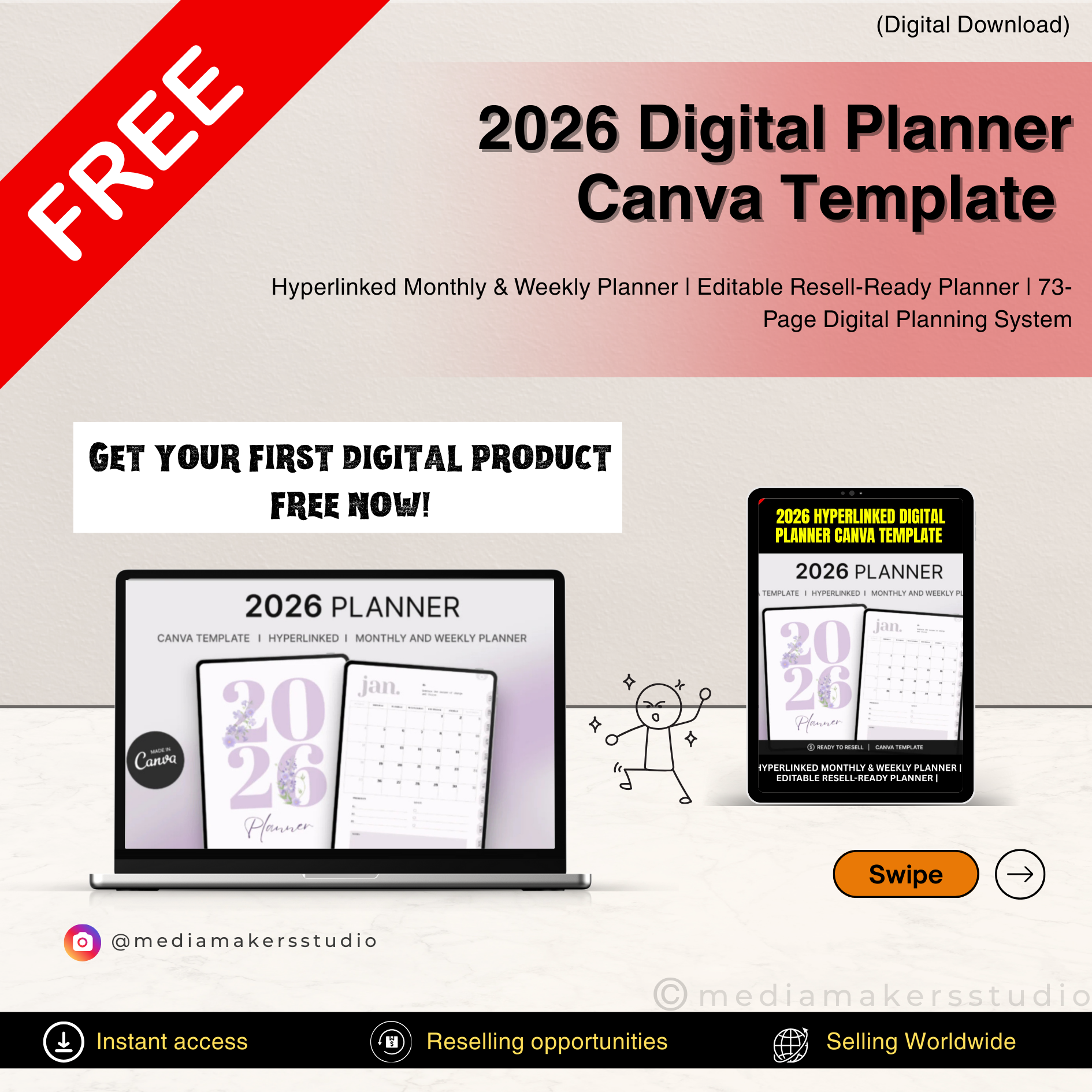 2026 Digital Planner Canva Template | Hyperlinked Monthly & Weekly Planner | Editable Resell-Ready Planner | 73-Page Digital Planning System