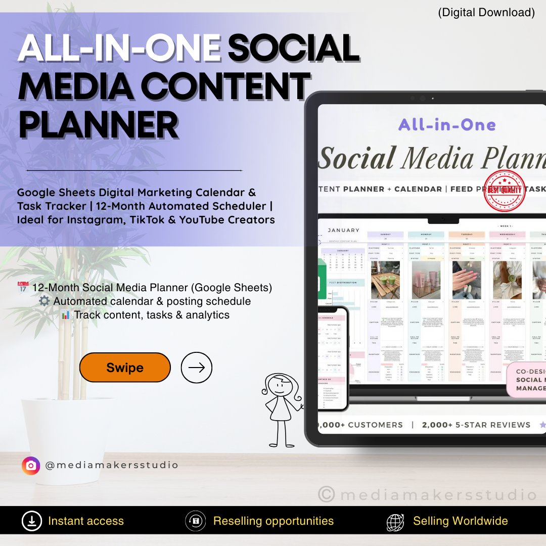 All-in-One Social Media Content Planner | Google Sheets Digital Marketing Calendar & Task Tracker | 12-Month Automated Scheduler | Ideal for Instagram, TikTok & YouTube Creators